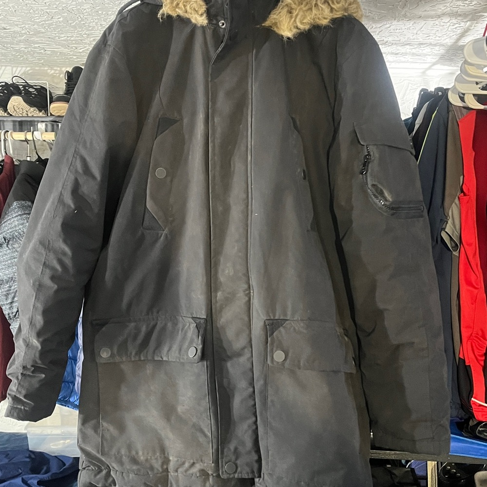 Marc New York Black Military Field Coat with Fur-Trimmed Hood